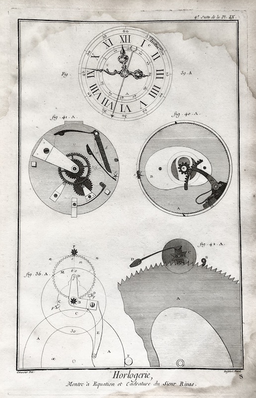 Relojería - Histoire Naturelle, Horlogerie - Montre a Equation et Cadrature du Sieur Rivas - 4e. Suitte de la Pl. IX